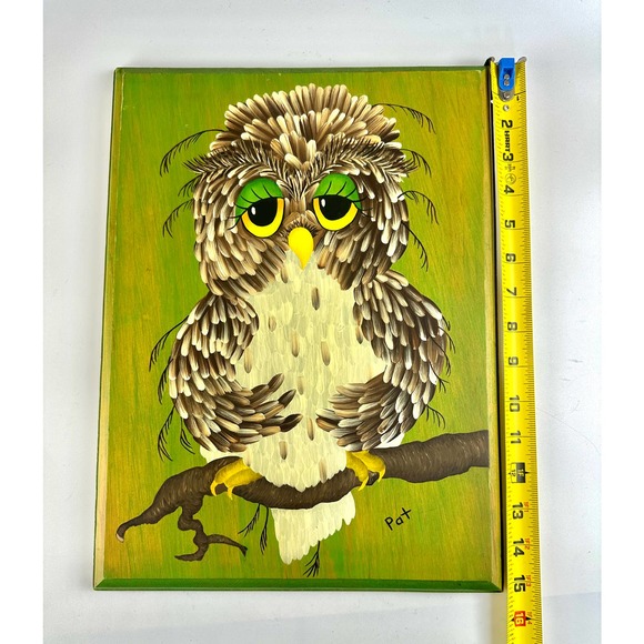 Vintage Owl Painting On Wood Green Background Sleepy Eyes Brown Feathers Signed - Picture 7 of 10